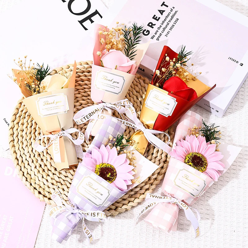 Color: Brown - Flower Bouquet Rose Sunflower Simulation Flower Creative Artificial Soap Flower Party Wedding Decoration Valentine's Day Gift