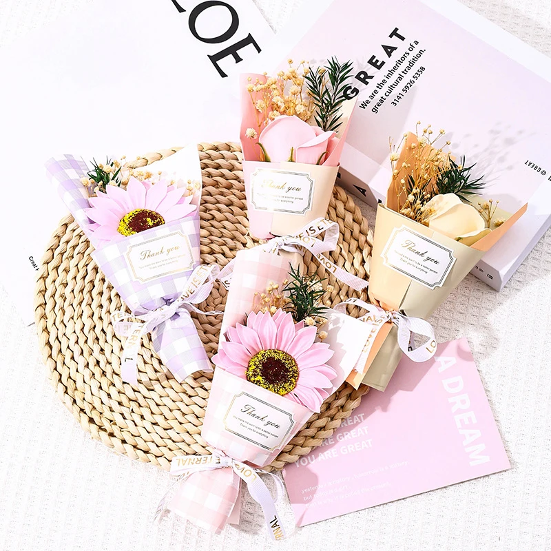 Color: Brown - Flower Bouquet Rose Sunflower Simulation Flower Creative Artificial Soap Flower Party Wedding Decoration Valentine's Day Gift