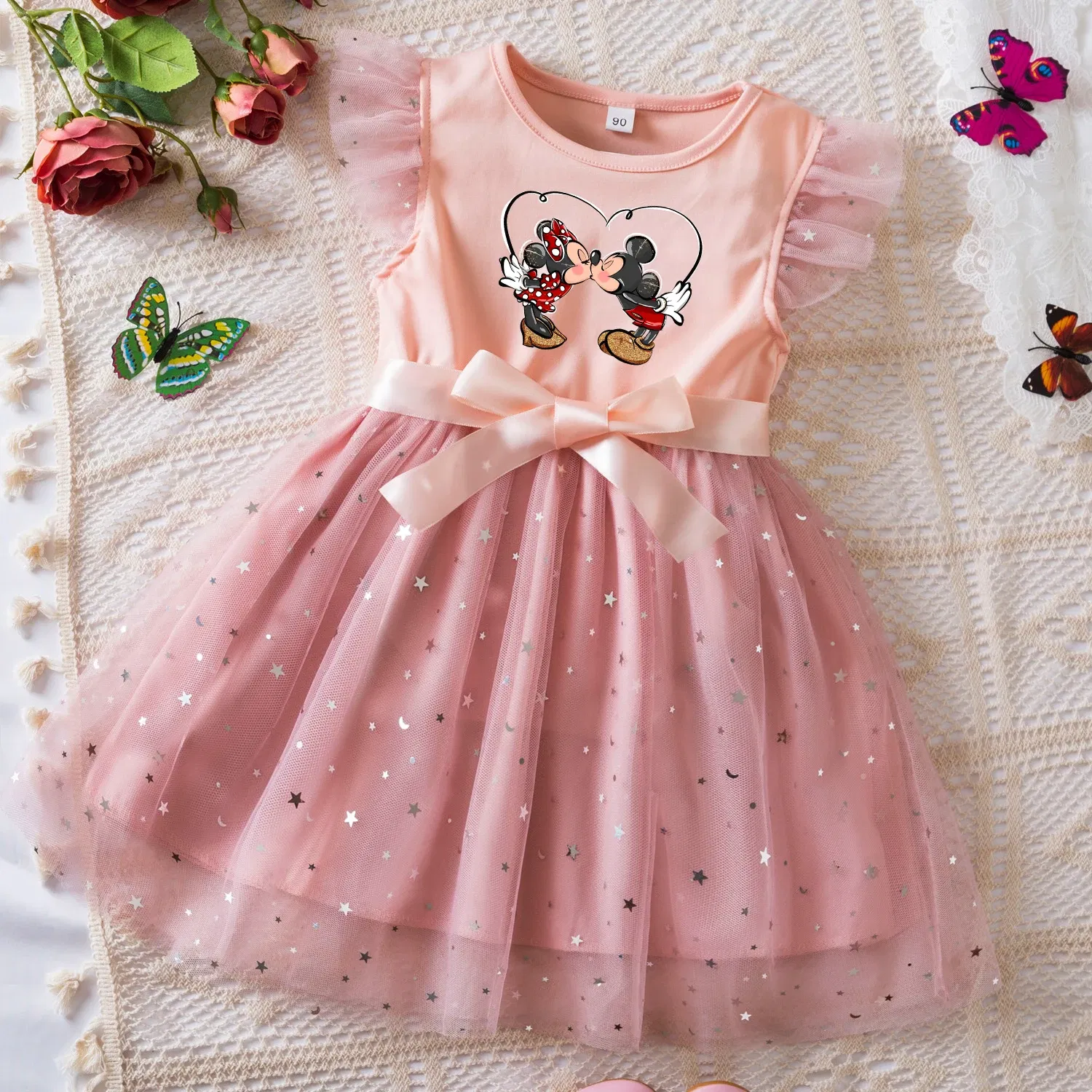 Color: Pink, Size: S - Mickey Minnie Mouse Girls Summer Clothes Flying Sleeves Bow Sequin Dress 2-6Y Kid Birthday Tutu Princess Dress for Baby Girl