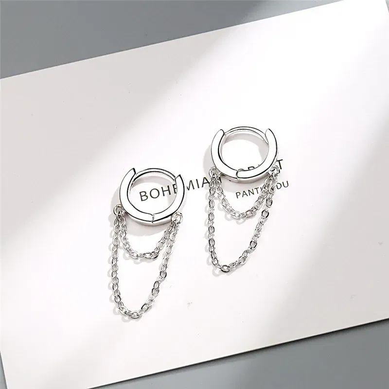 Metal Color: Hot Stamping - Silver Color Punk Style Double Layer Chain Hoop Earring For Women Gold Color Ear Jewelry 2022 New Earrings