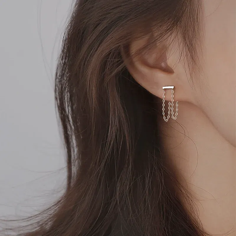 Metal Color: Hot Stamping - Silver Color Punk Style Double Layer Chain Hoop Earring For Women Gold Color Ear Jewelry 2022 New Earrings