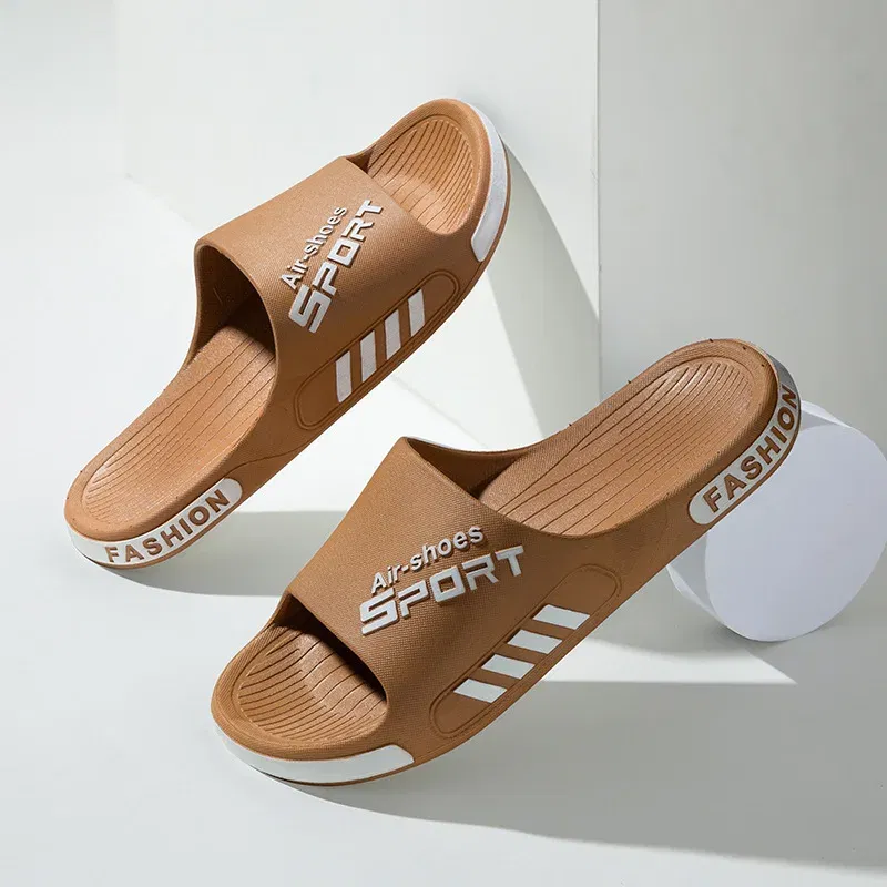 Color: Khaki, Shoe Size: 5 - Fashion Men's Slippers PVC Soft Sole Non-slip Slides Casual Outdoor Beach Flip Flops Home Bathroom Couples Slippers New Sandal