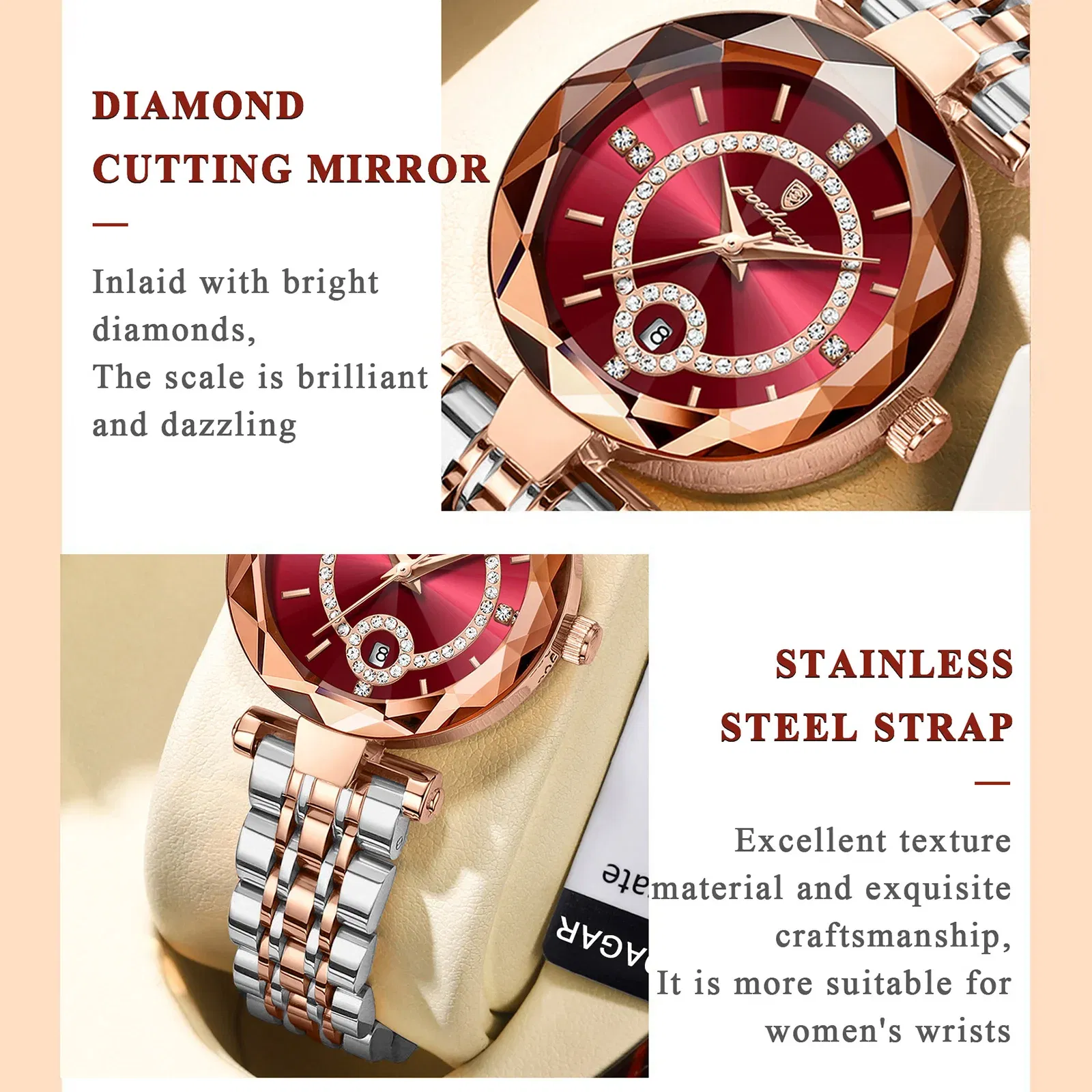 Color: Coffee - POEDAGAR Luxury Watch For Woman High Quality Diamond Ladies Quartz Watch Waterproof Date Stainless Steel Women Watches reloj+box