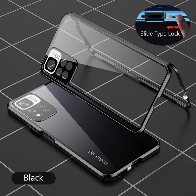 Color: black, Bundle: Case & Screen Protector, Material: CANVAS - Full Protection Case Metal Magnetic Double Sided Glass Snap Lock Case For XiaoMi Redmi Note 13 Pro Plus 5G Bumper Phone Cover