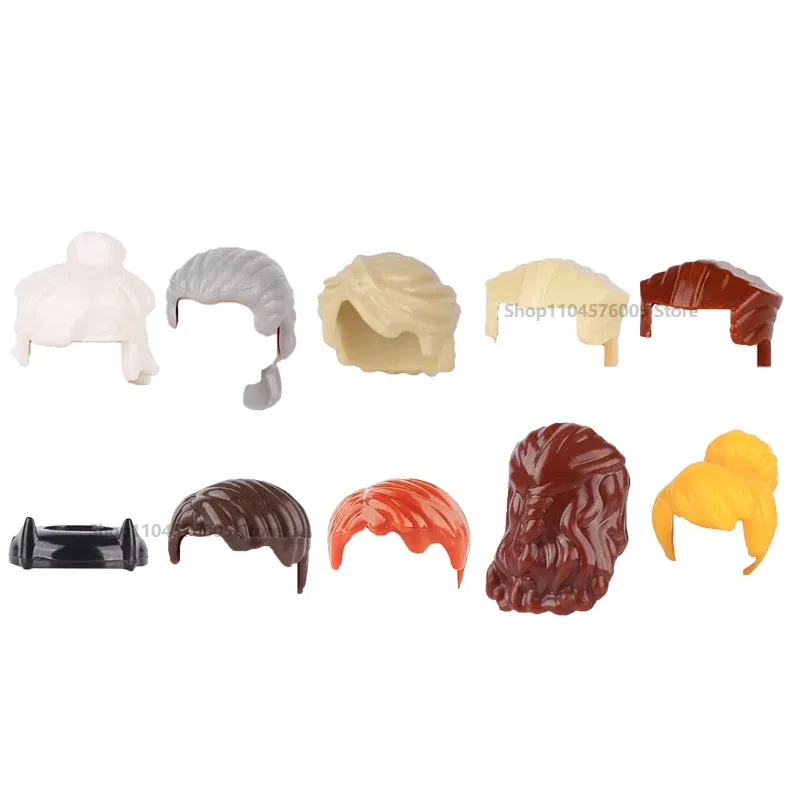 Color: VIOLET/?«?—?…° - MOC Brown Hair Building Blocks City Figures Body Creative Accessory Blond Gold White Parts DIY Hats Mini Bricks Assemble Toy S04
