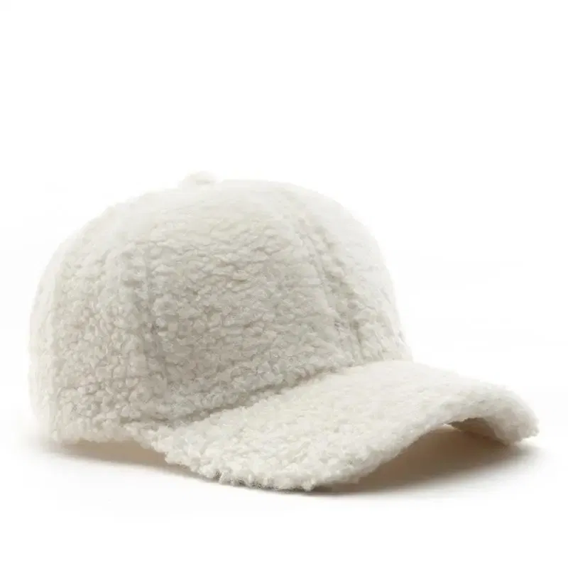 Color: WHITE, Size: M - Autumn Winter Baseball Cap Women Artificial Lamb Wool Hats Keep Warm Cap Plush Baseball Caps Spring Baseball Cap Solid Sunshade