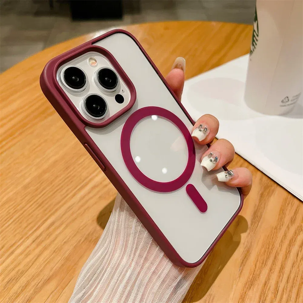 Color: Claret, Material: Silicon - Luxury Shockproof Magsafe Wireless Charge Case for iPhone 17 Air 16 15 14 Plus 13 12 Mini 11 Pro Max Clear Magnetic Bumper Cover