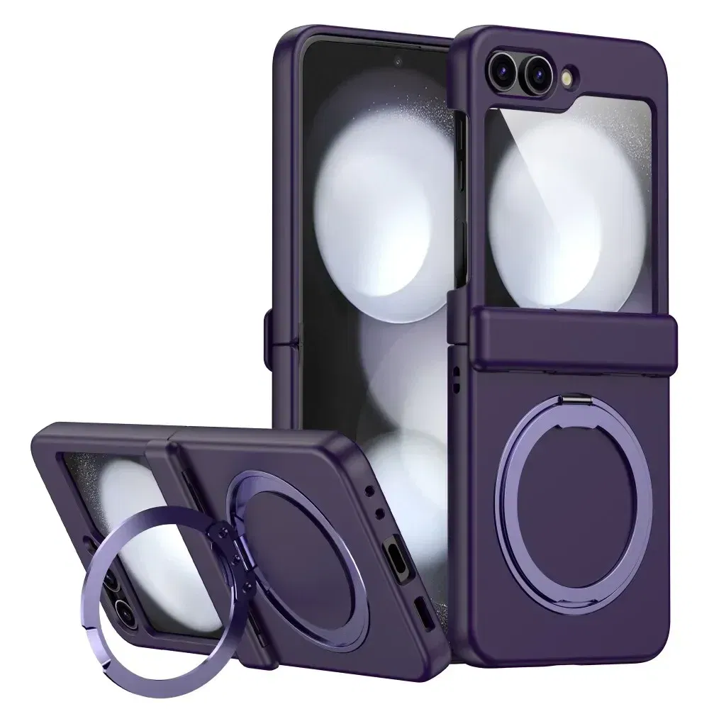Color: PURPLE, Material: aluminum - For Samsung Galaxy Z Flip 3 5 4 6 Magsafe Case Wireless Charging Hinge All-inclusive Flip Shockproof Hard Magnetic Holder Cover