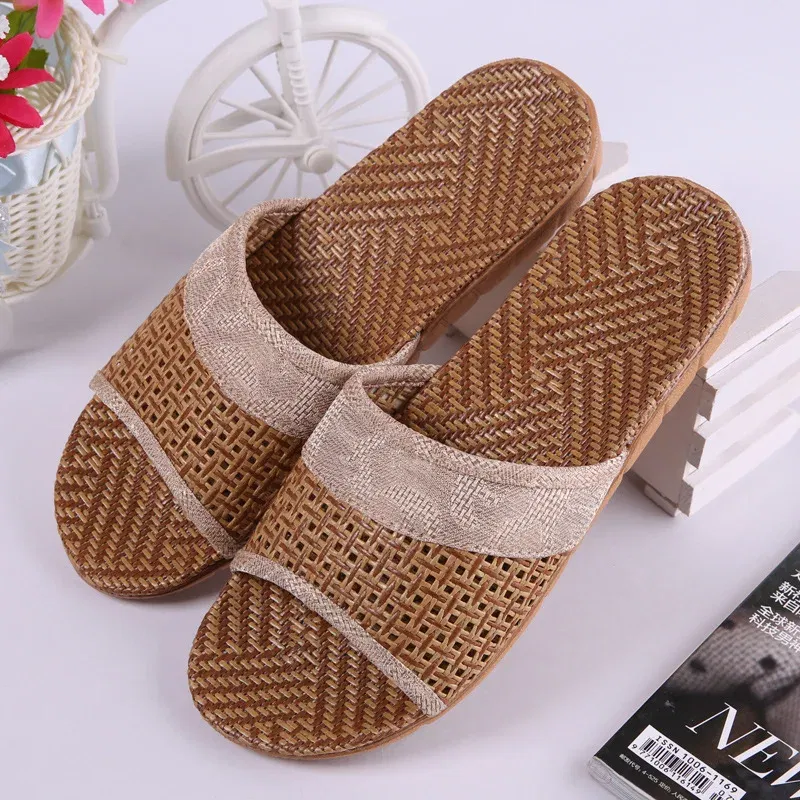 Color: Chocolate, Shoe Size: 39 - Mntrerm Summer Natural Bamboo Rattan Cane Grass Weaving Slippers Shoes Vine Grass Men Casual Slippers Non-slip Couples Slippers