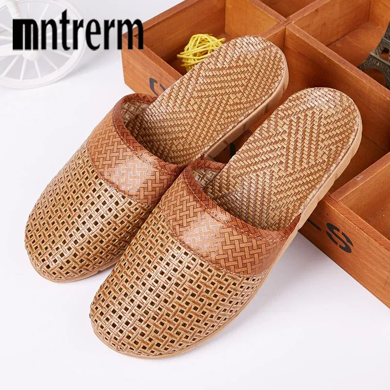 Color: Chocolate, Shoe Size: 39 - Mntrerm Summer Natural Bamboo Rattan Cane Grass Weaving Slippers Shoes Vine Grass Men Casual Slippers Non-slip Couples Slippers