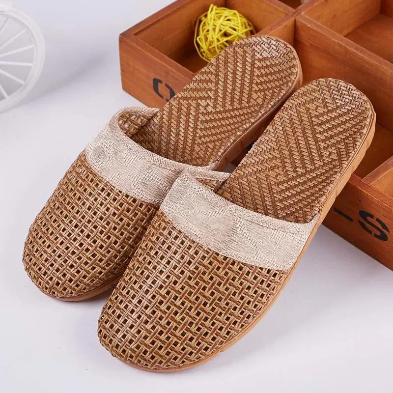 Color: Chocolate, Shoe Size: 39 - Mntrerm Summer Natural Bamboo Rattan Cane Grass Weaving Slippers Shoes Vine Grass Men Casual Slippers Non-slip Couples Slippers