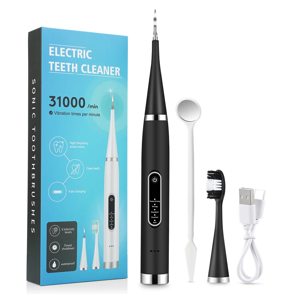 Color: black - Electric Teeth Cleaner Dental Scaler Waterproof Oral Care Plaque Spatula Removes Tartar Dental Scraper Dental Instrument