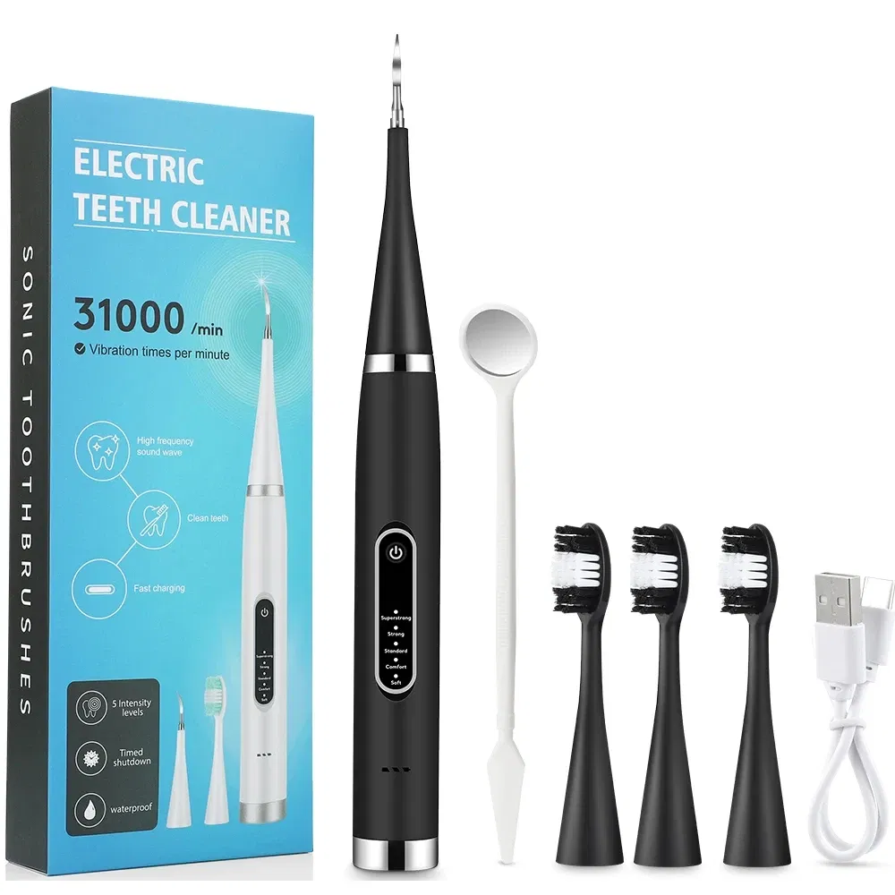 Color: black - Electric Teeth Cleaner Dental Scaler Waterproof Oral Care Plaque Spatula Removes Tartar Dental Scraper Dental Instrument