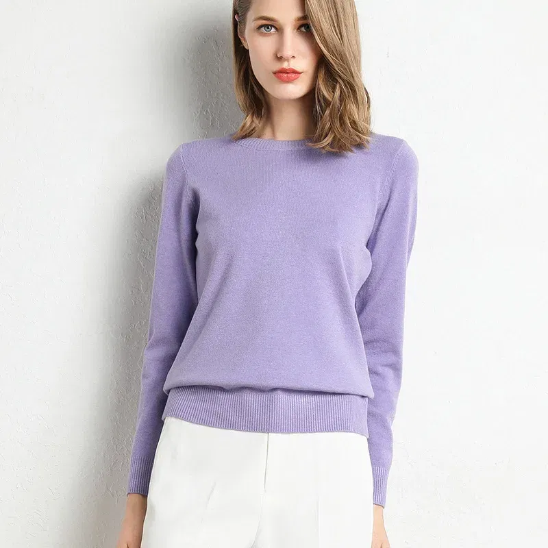 Color: Lavender, Size: L - Women Slim O-Neck Solid Pullover Cashmere Wool Blending Sweater Autumn And Winter Long-Sleeved Knit Bottoming Shirt Large Size
