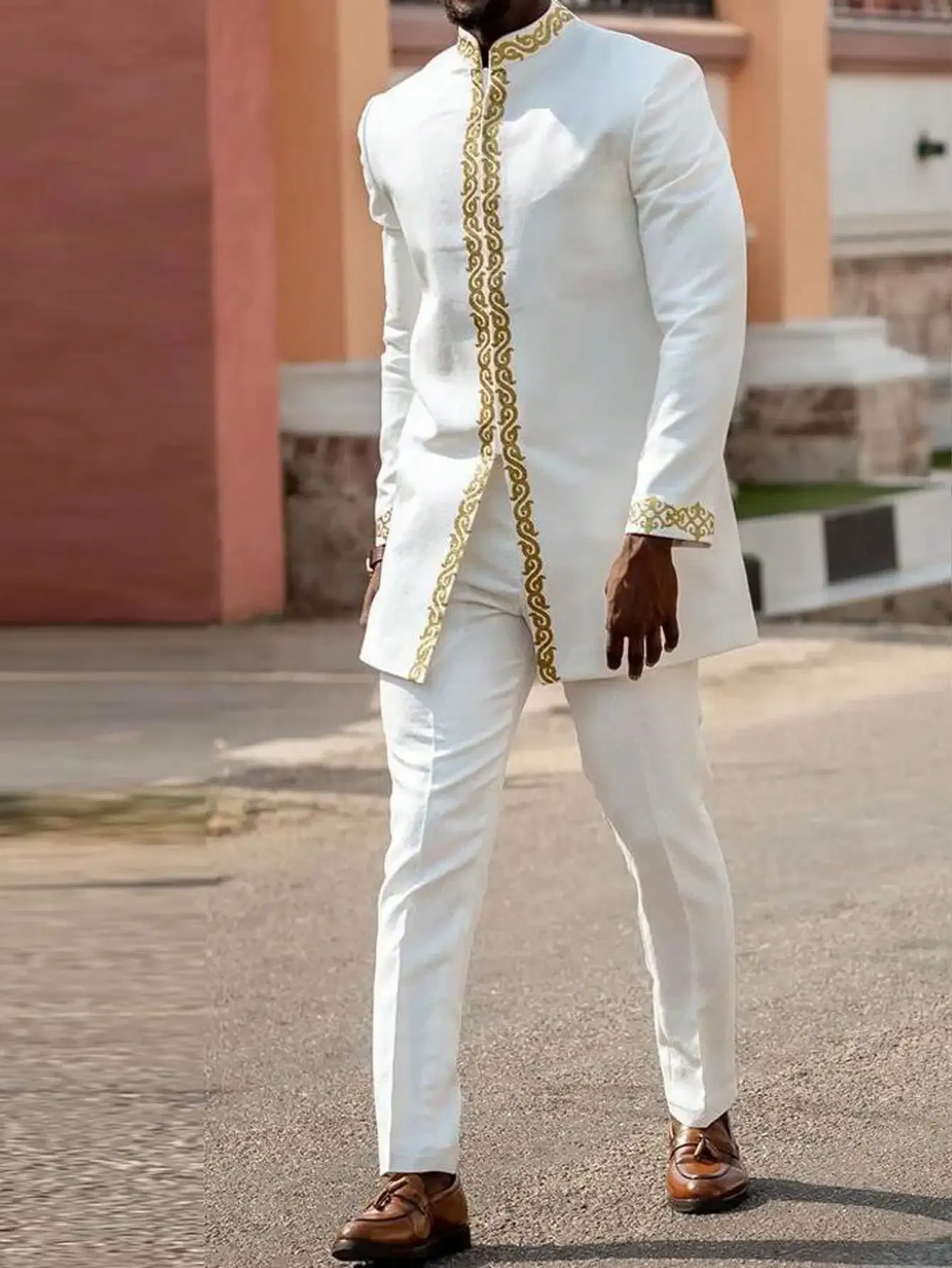 Color: PURPLE, Size: XXL - 2025 New men's suit, white pocket, 2-piece set, luxury wedding casual suit, traditional African style of ethnic minorities
