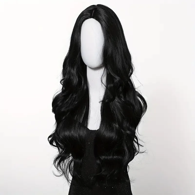 Color: #10 - Black synthetic wig with middle-parted long hair and big waves for party or daily use. High-temperature synthetic hair cap.