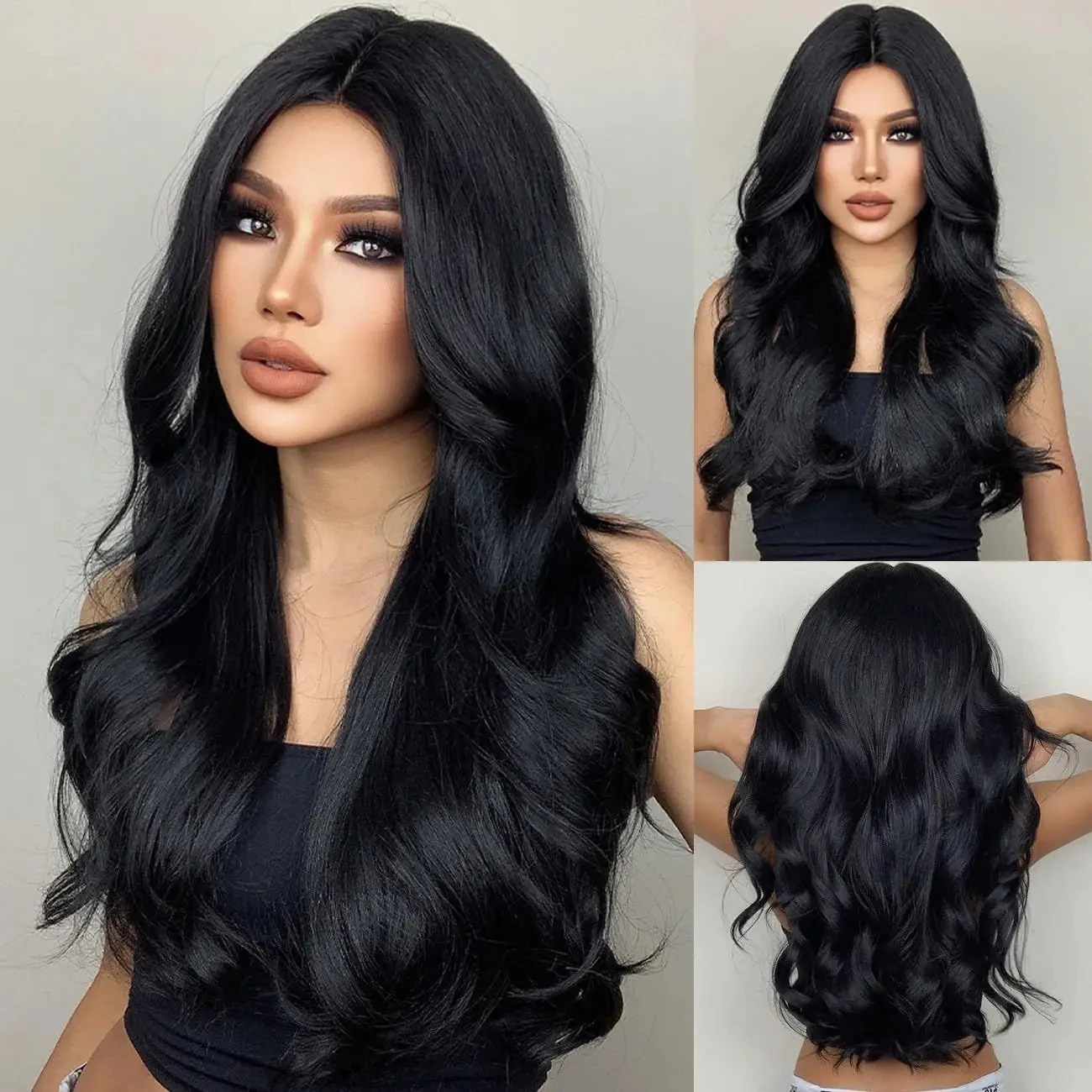 Color: #10 - Black synthetic wig with middle-parted long hair and big waves for party or daily use. High-temperature synthetic hair cap.