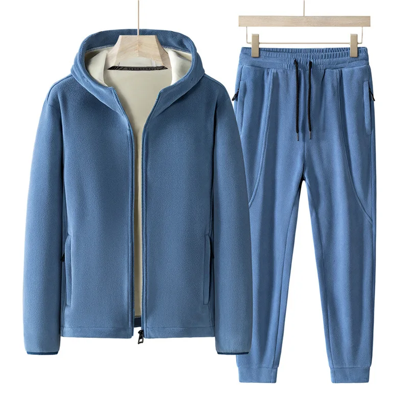 Color: Blue, Size: 7XL - Plus Size 7xl 8xl Men's 2pcs Tracksuit Sets Winter Warm Polar Fleece Liner Jacket+pants Set Men Casual Thick Sportswear Clothes