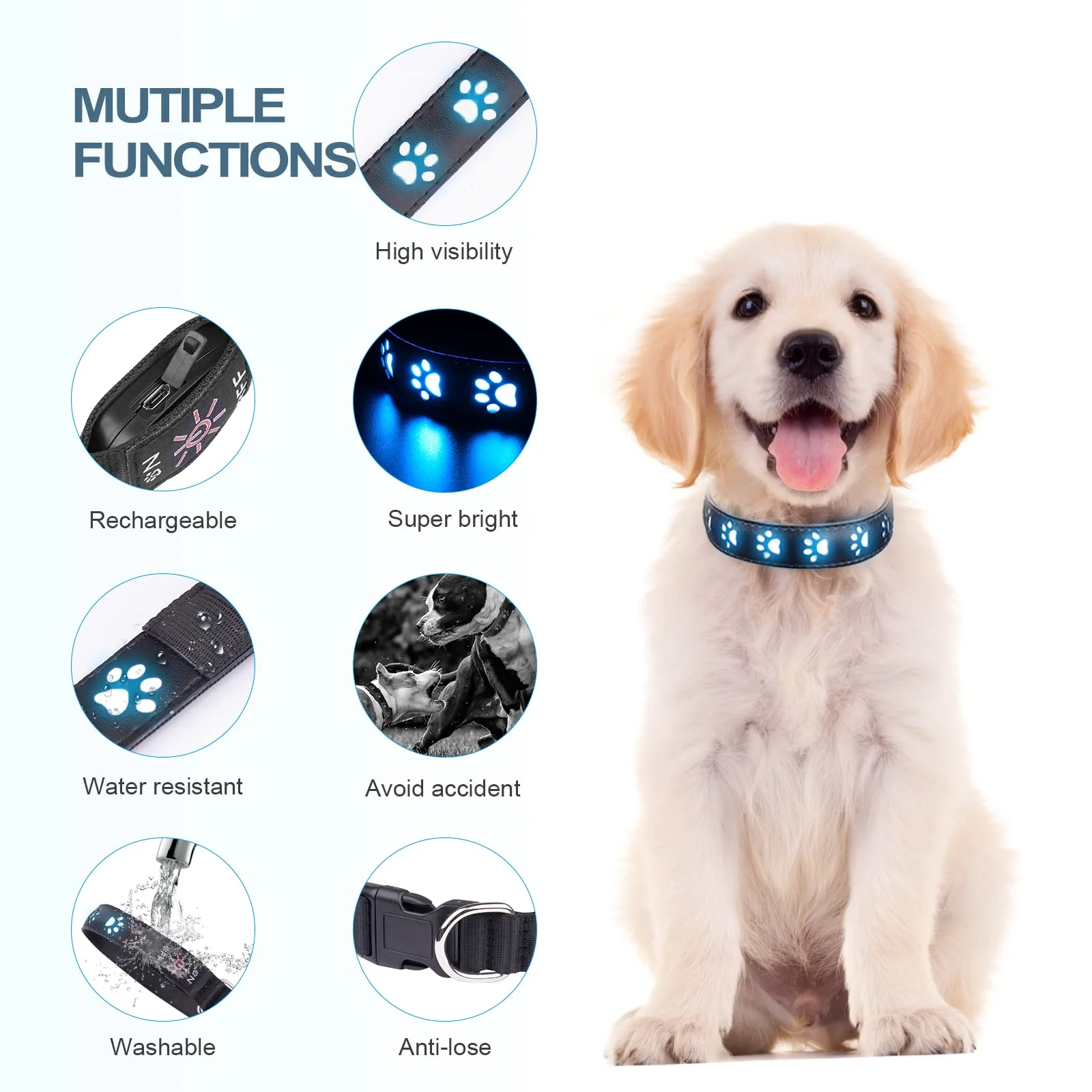 Color: WHITE, Size: L - 7 Modes Led Dog Collar Bone Colourful Light Luminous Dog Collar USB Chargeable Swimming Bright Night Pet Accessories