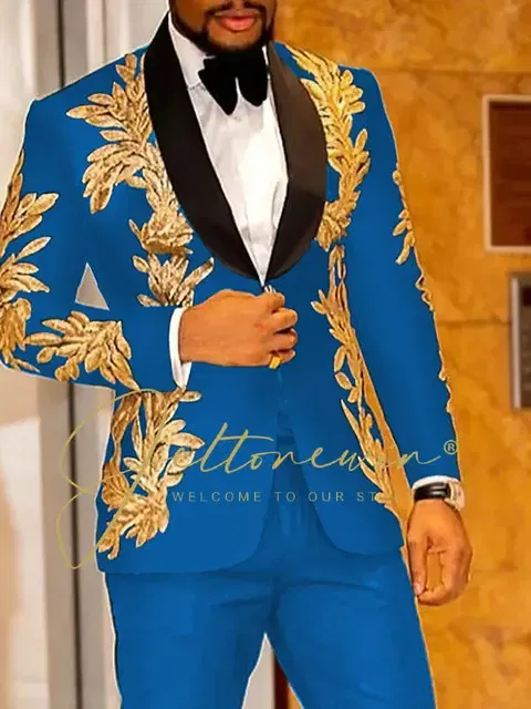 Color: Blue, Size: M - Luxury Groom Wedding Tuxedos Gold Sequins Appliques Black Men Suits Slim Fit Costume Homme Marriage Prom Suits
