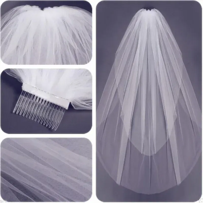 Color: WHITE - 2 Tiers Bride Wedding Veil Short Fingertip Bridal Tulle Veil with Comb and Cut Edge
