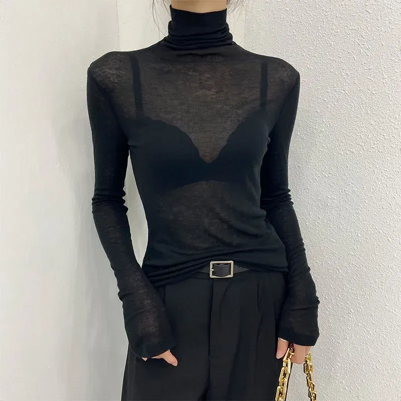 Color: GRAY, Size: L - New Fashion Basic Turtleneck Long Sleeve Women T-shirt Autumn Winter Long Sleeve Slim Stretch Tops Ladies Sexy Tees Plus Size