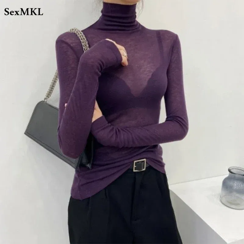 Color: GRAY, Size: L - New Fashion Basic Turtleneck Long Sleeve Women T-shirt Autumn Winter Long Sleeve Slim Stretch Tops Ladies Sexy Tees Plus Size