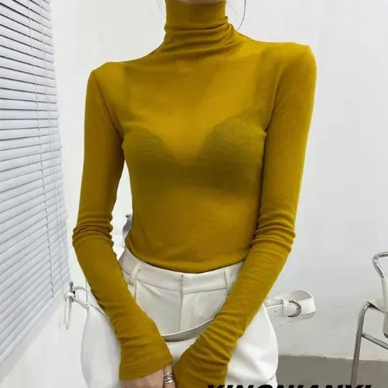 Color: GRAY, Size: L - New Fashion Basic Turtleneck Long Sleeve Women T-shirt Autumn Winter Long Sleeve Slim Stretch Tops Ladies Sexy Tees Plus Size