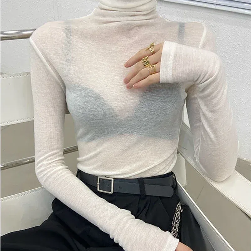 Color: GRAY, Size: L - New Fashion Basic Turtleneck Long Sleeve Women T-shirt Autumn Winter Long Sleeve Slim Stretch Tops Ladies Sexy Tees Plus Size