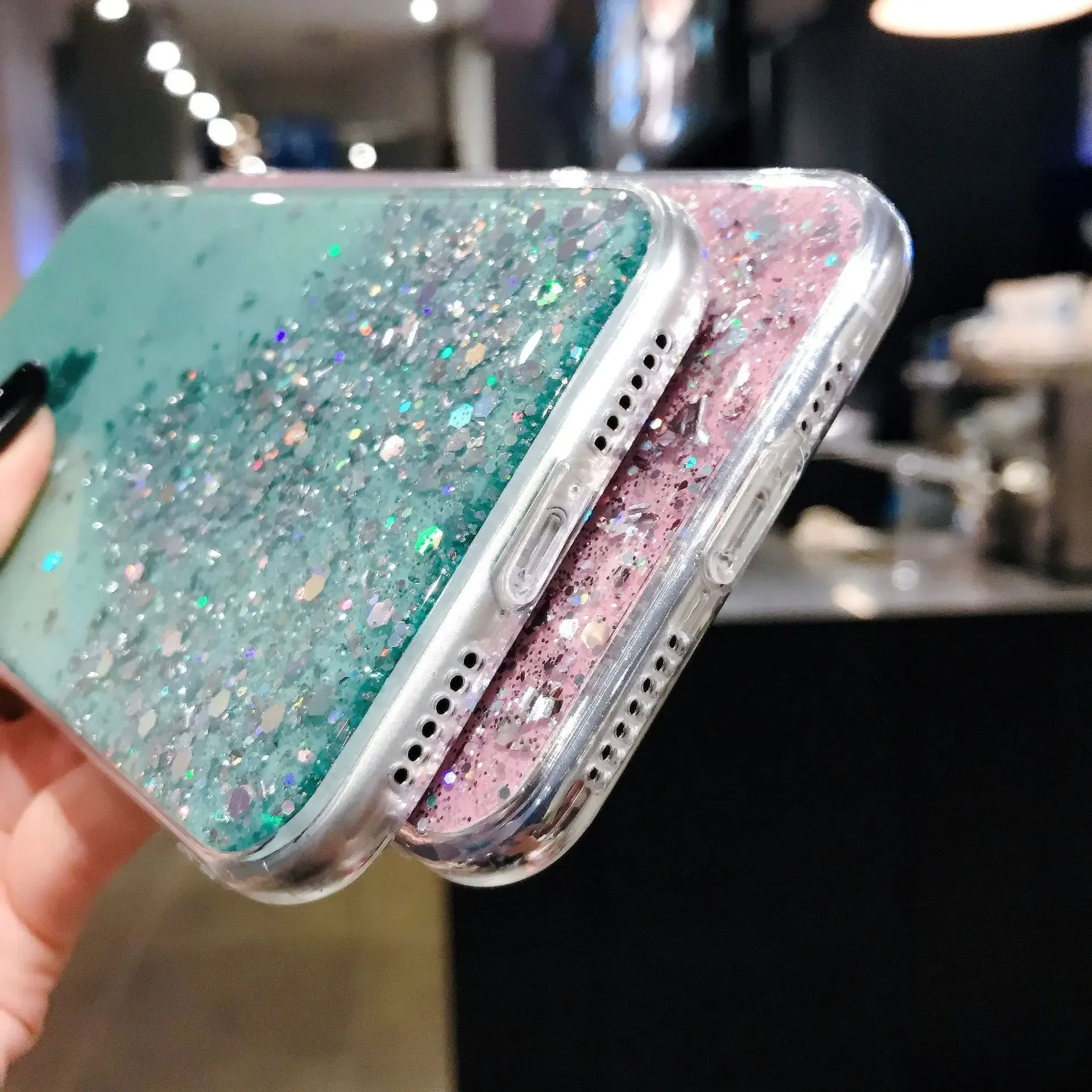 Color: green, Compatible-Phone Models: For iPhone 12 - 16 Pro Max, Epoxy Resin Case, iPhone 15 Case with Sequins, Epoxy Case, iPhone 14 Case, Glitter Girls Designs, 13 Pro Max, 15Pro