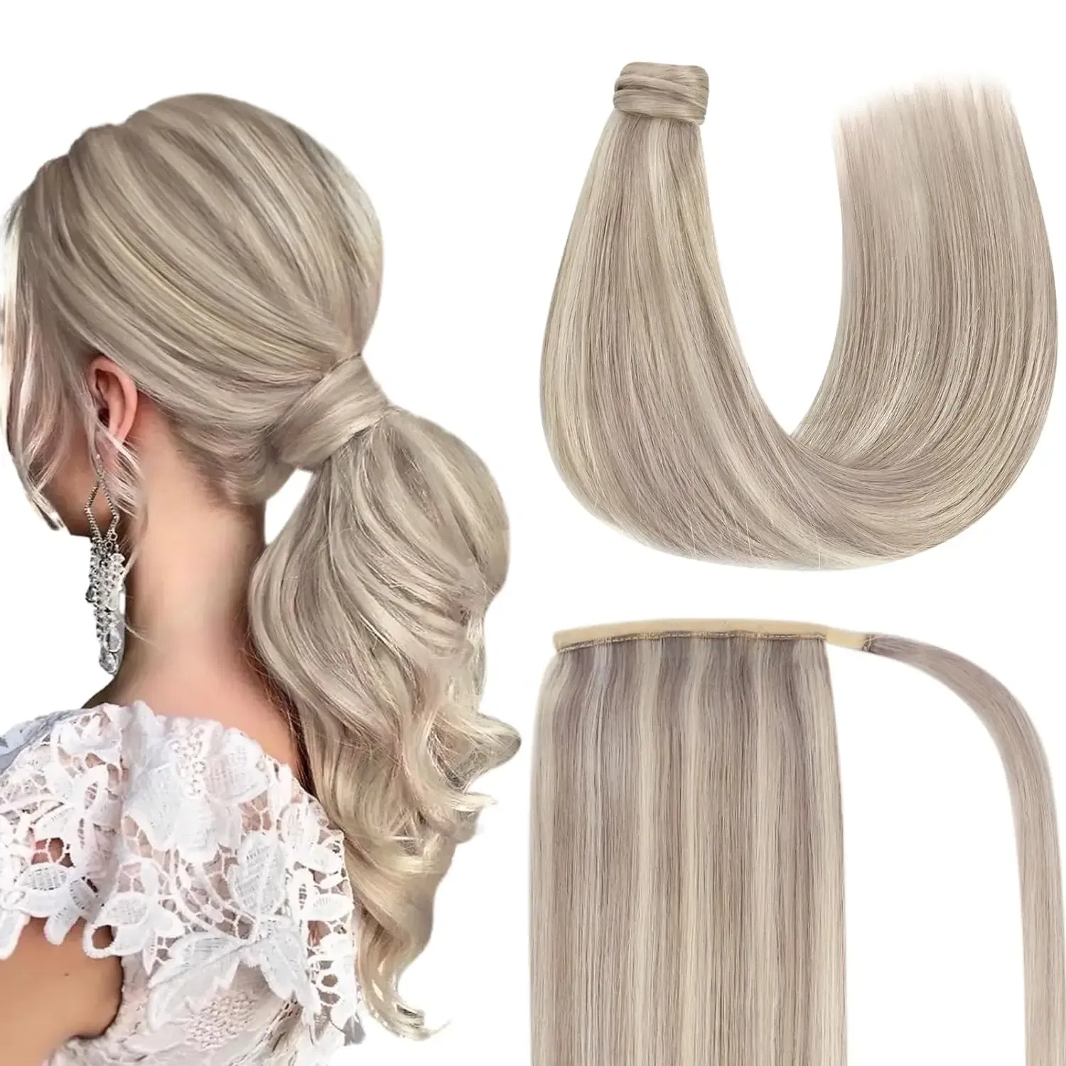 Color: T1B/Red, Life Span: 6 Months With Proper Care, Stretched Length: 16inches - VeSunny Human Hair Ponytail Light Blonde Mix Golden Blonde Real Hair Ponytail Extension Highlights Blonde Ponytail Hair 80g