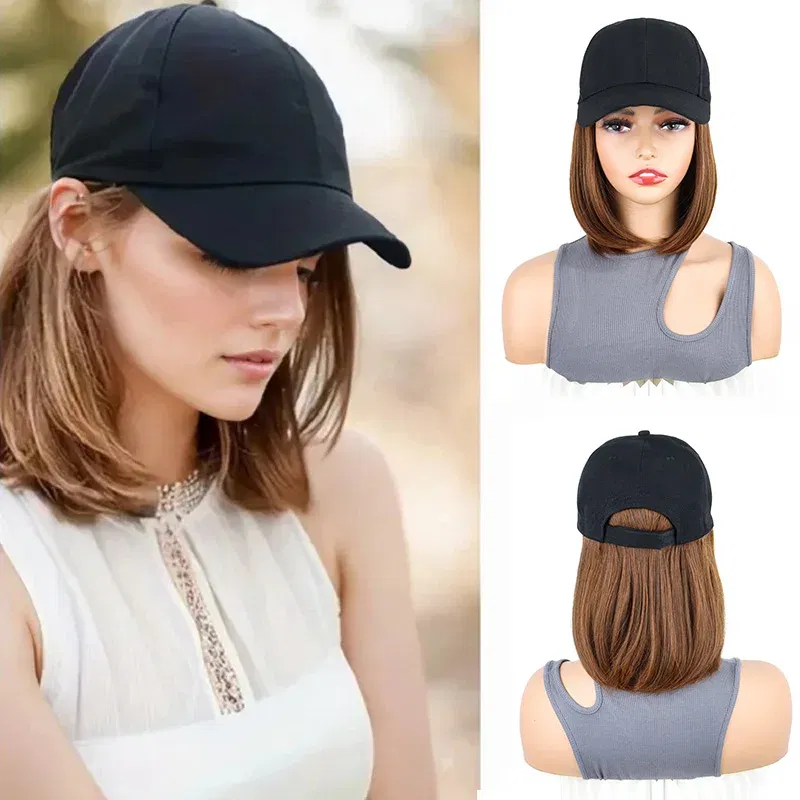 Color: Brown - Synthetic Short Straight Bobo Hat Wigs Baseball Cap Adjustable Black Brown Hairpiece for Women