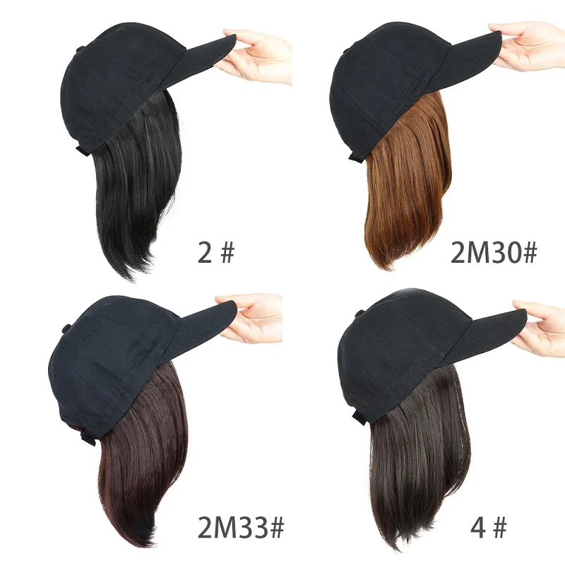 Color: Brown - Synthetic Short Straight Bobo Hat Wigs Baseball Cap Adjustable Black Brown Hairpiece for Women