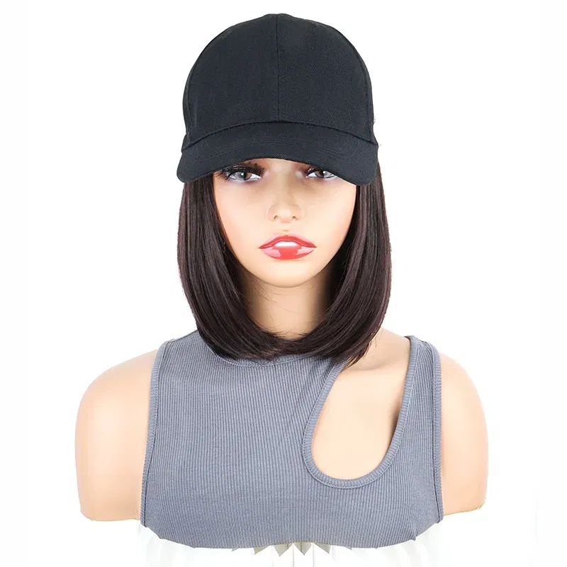 Color: Brown - Synthetic Short Straight Bobo Hat Wigs Baseball Cap Adjustable Black Brown Hairpiece for Women