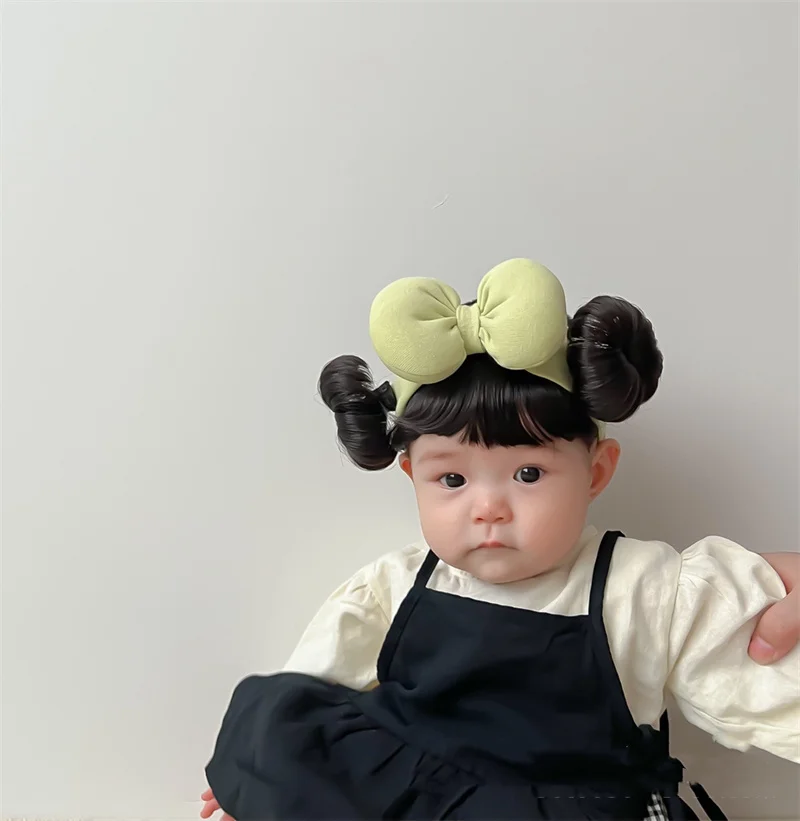 Color: light green - New Year Hair Accessories Cute Bow Baby Girl Wig Hat Hairpiece Christmas Newborn Children Kids Girls Cosplay Headbands Headwear