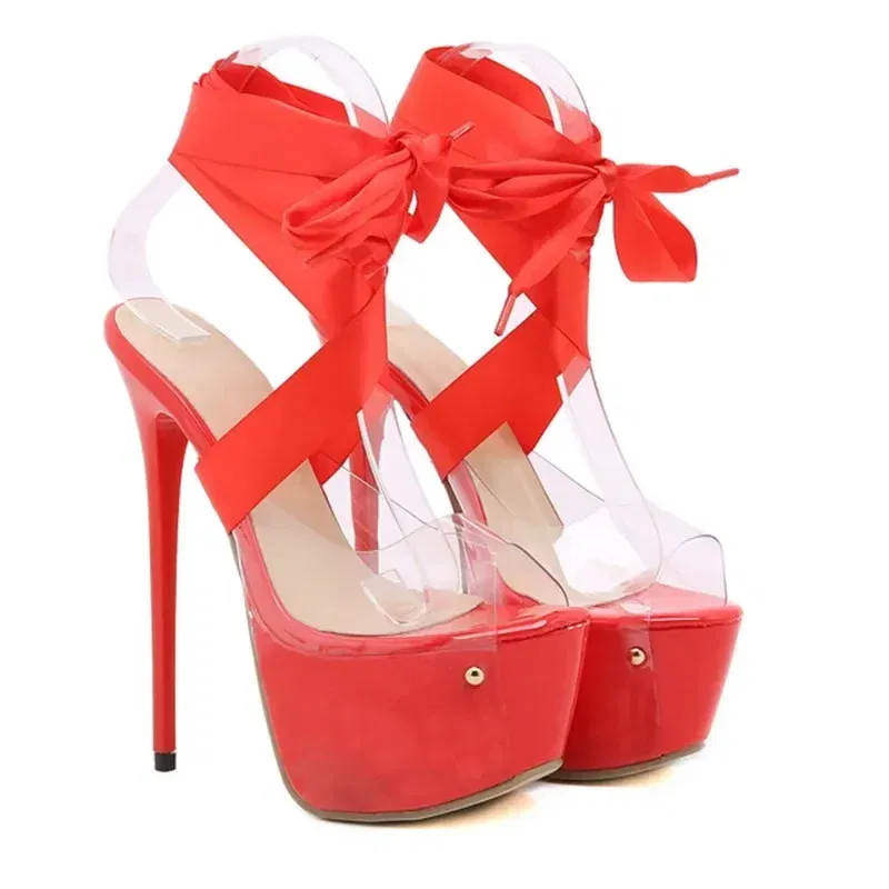 Color: black, Shoe Size: 40 - Black Sexy Thigh High Broad Band Strap Platform Sandals Women Transparent Peep Toe Club/Party Stripper 16CM Stiletto Shoes