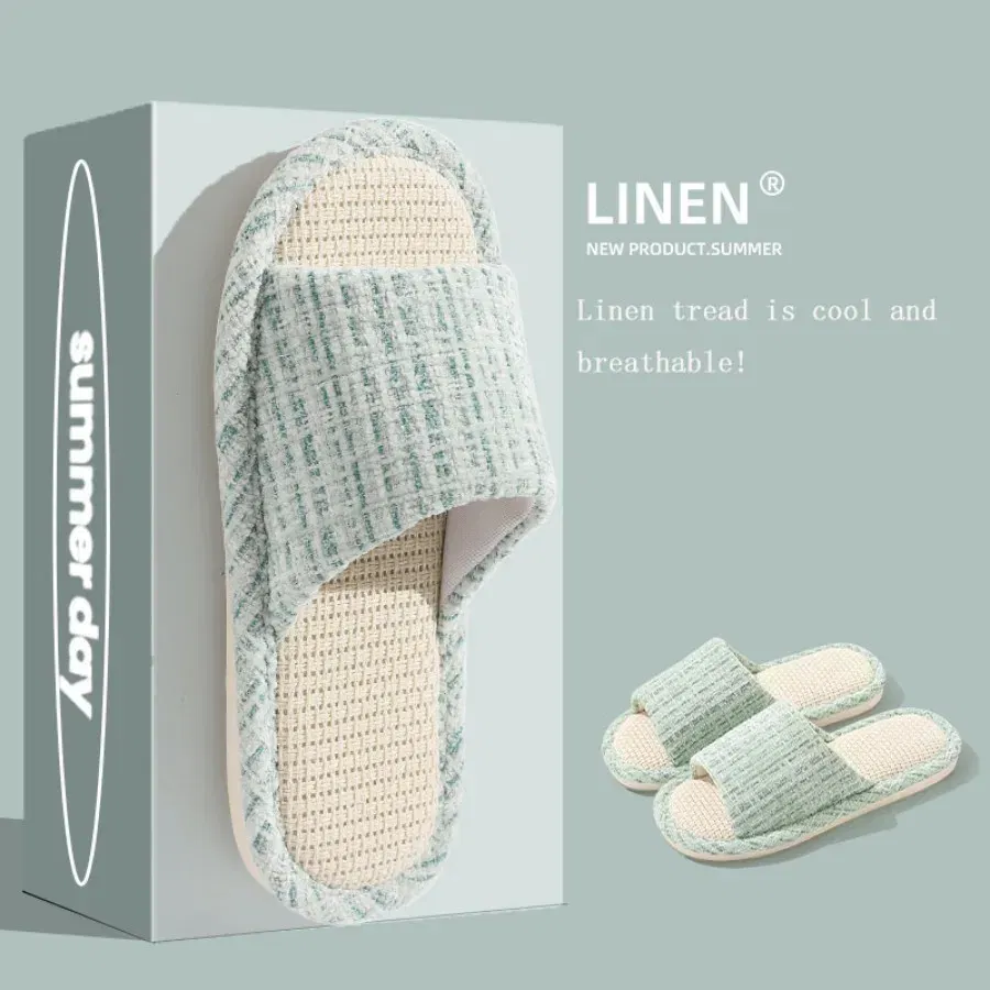 Color: Olivine, Shoe Size: 40-41 - 2024 New Women's Fashion Home Linen Couple Slippers Breathable Home Shoes Moisture Absorbing Anti slip Cotton Linen Slippers