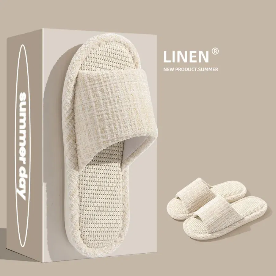 Color: Olivine, Shoe Size: 40-41 - 2024 New Women's Fashion Home Linen Couple Slippers Breathable Home Shoes Moisture Absorbing Anti slip Cotton Linen Slippers