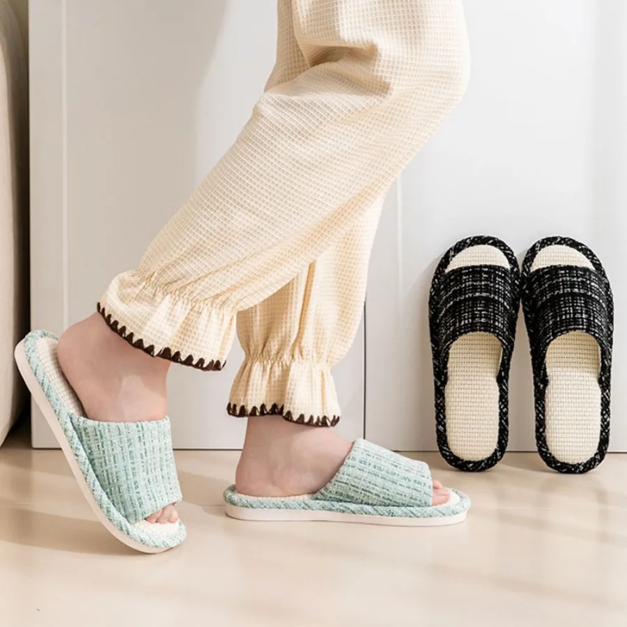 Color: Olivine, Shoe Size: 40-41 - 2024 New Women's Fashion Home Linen Couple Slippers Breathable Home Shoes Moisture Absorbing Anti slip Cotton Linen Slippers