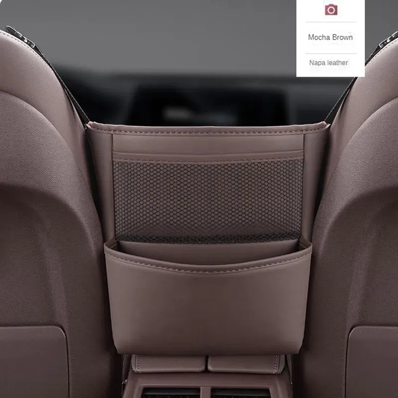 Color Name: Brown - Car Handbag Holder Between Seats Mutifuntional Leather Auto Seat Middle Storage Bag Hanging Tissue Box Phone Cup Map Organizer
