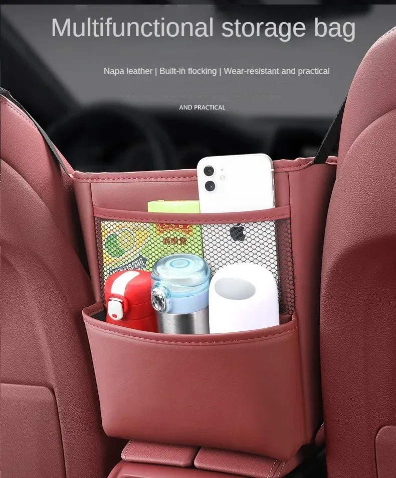 Color Name: Brown - Car Handbag Holder Between Seats Mutifuntional Leather Auto Seat Middle Storage Bag Hanging Tissue Box Phone Cup Map Organizer