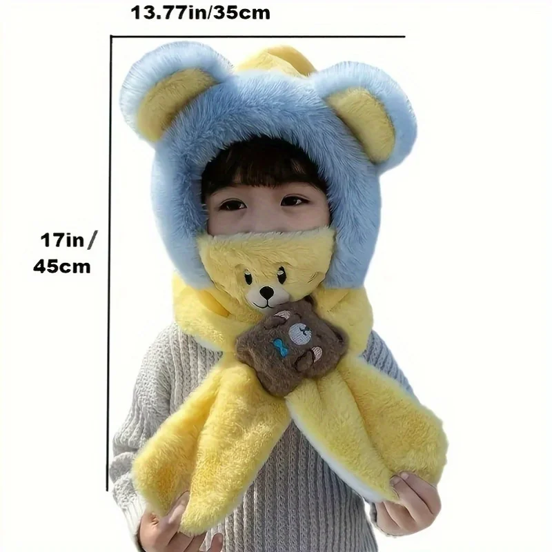 Color: army green - Winter Children One Piece Scarf Hat+Mask Cute Cartoon Baby Ear Protection Cap 1-6year Kids Plush Cross Neckerchief Warm Beanies