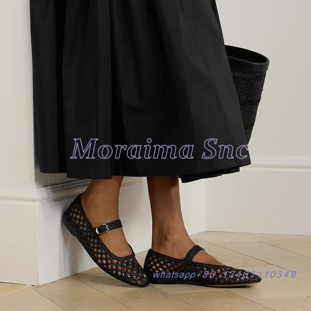 Color: wine red, Shoe Size: 35 - Hollow Woven Leather Ballet Shoes Flat With Round Toe Ankle Buckle Strap Fashion Shallow Women Shoes Mary Janes Summer New 2025