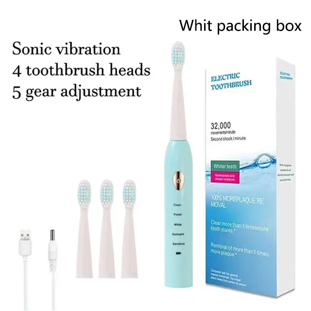 Color: WHITE - Electric Toothbrush 5-gear Mode USB Charging 4 colors IPX7 Waterproof Ultrasonic Rechargeable Soft Hair Toothbrush Adult Classic