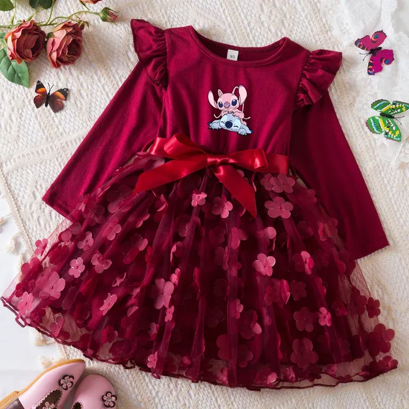 Color: Navy Blue, Size: One Size, Height: 158 - Lilo Stitch Girl Baby Dresses Spring Autumn Child Long Sleeve Sweet Princess Dress Mesh Newborn Casual Dress Birthday Party 2-6Y