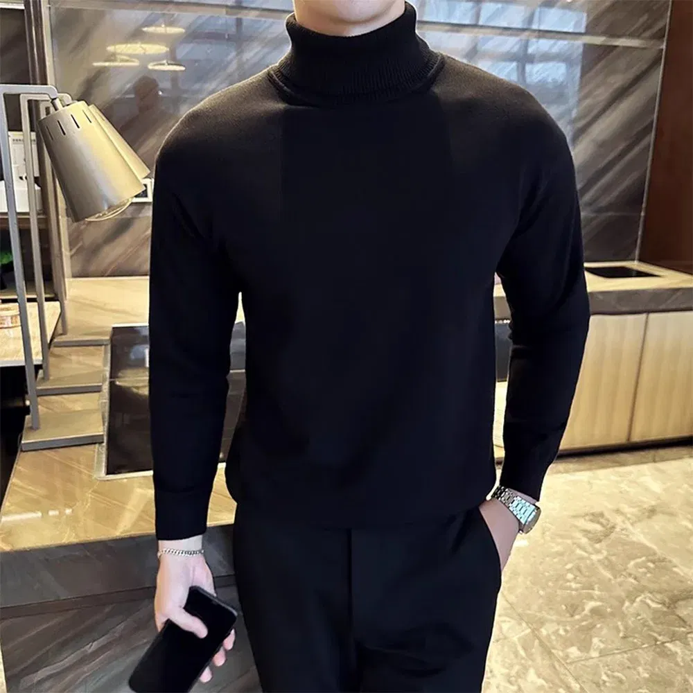 Color: black, Size: L - Korean Fashion Autumn Winter Sweaters Men Pullovers Fleece Turtleneck Knitted Sweatshirt Warm Bottoming Shirts
