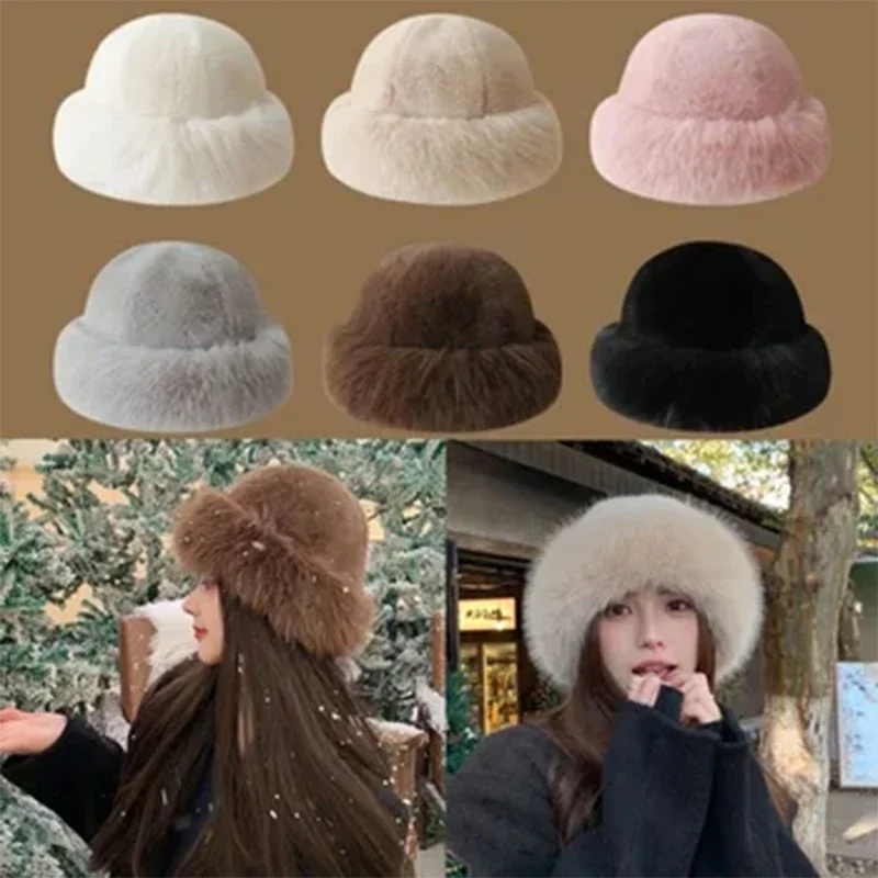 Color: Red, Hat Size: One Size - 2024 New Women's Fashion Fur Cap Fur Hat Fur Autumn Winter Hats Mongolian Hat Brimless Plush Fluffy Skiing Riding Warm Caps