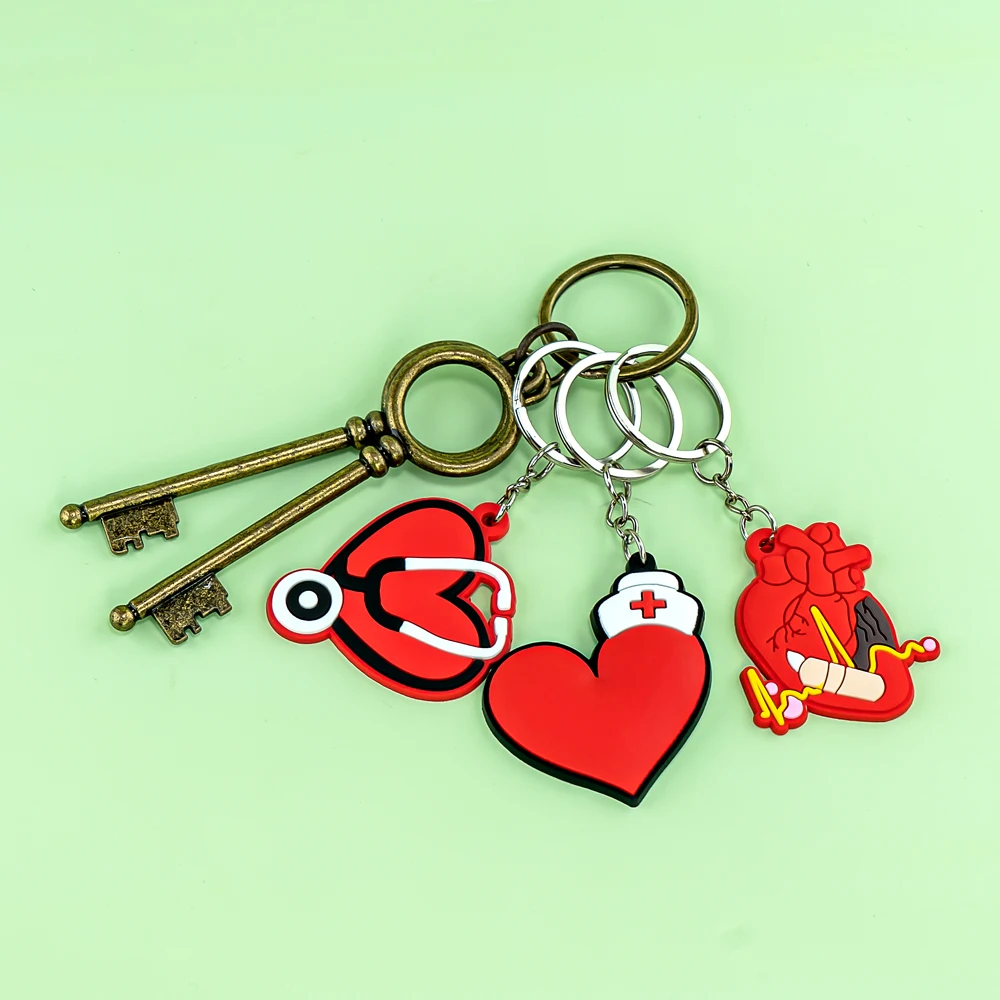 Color: Silver - 1PCS PVC Rubber Hot Keychain for nurses New Design Medicine Style Heart & Brain Car Key Pendant Cute Bag Ornament Gift