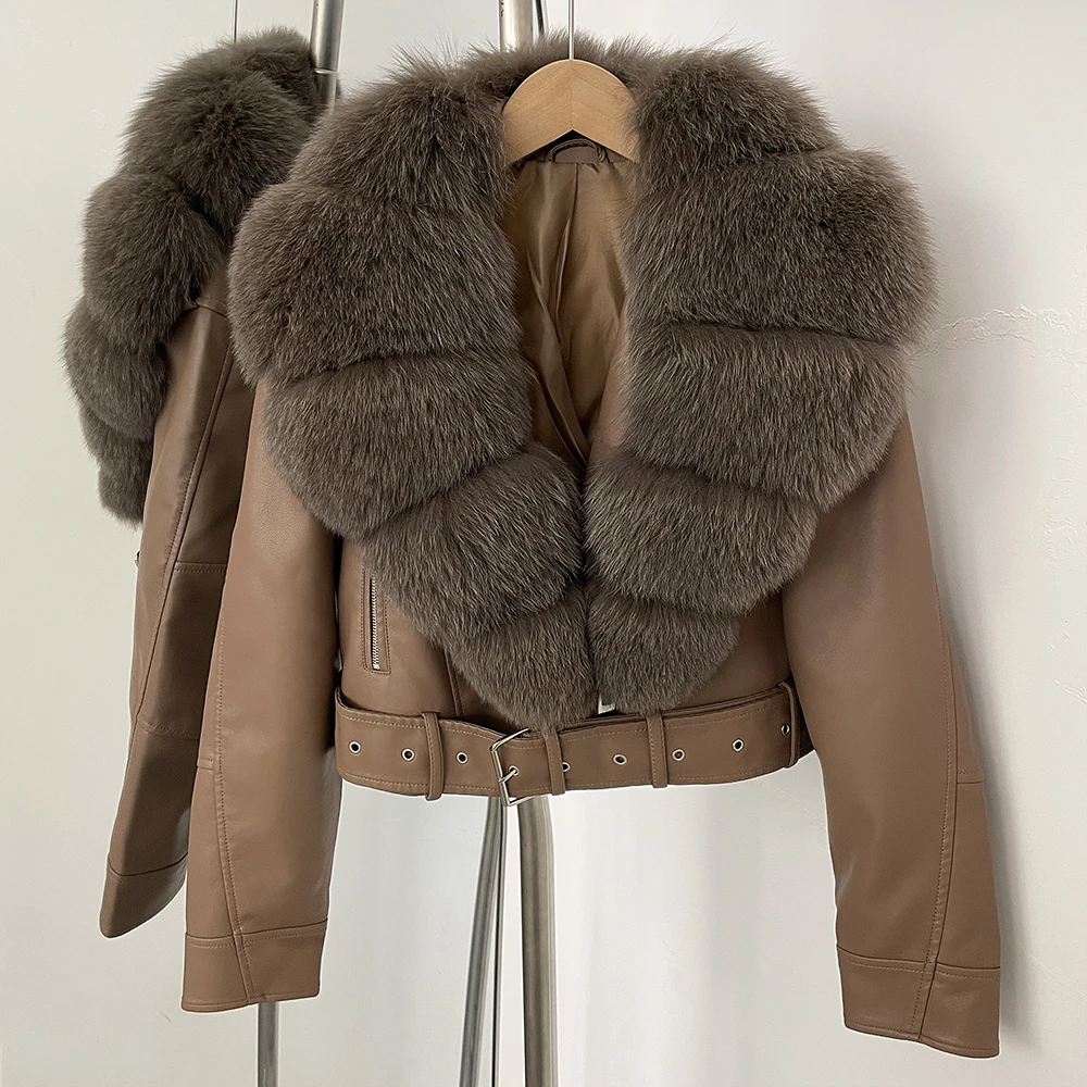 Color: Clear, Size: XL - Fake Leather Coat New Natural Fox Fur Autumn Short Faux Leather Jacket Female Spring PU Women Long Sleeve Real Fur Coat Thin