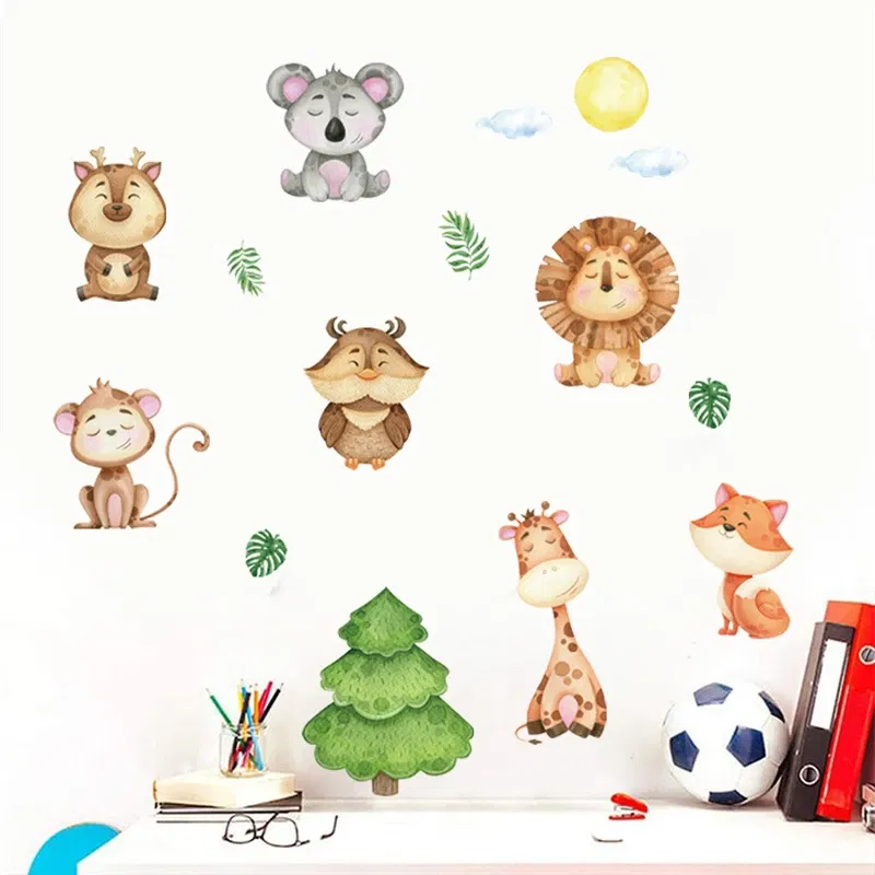 Color: Dark Khaki - Funny Animals Bird Swinging Wall Stickers Kids Room Decoration Diy Cartoon Monkey Giraffe Lion Mural Art Pvc Posters Home Decals